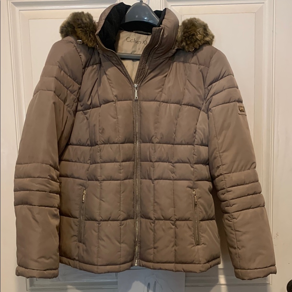 Calvin Klein Brown Quilted Puffer Jacket with Faux Fur Hood